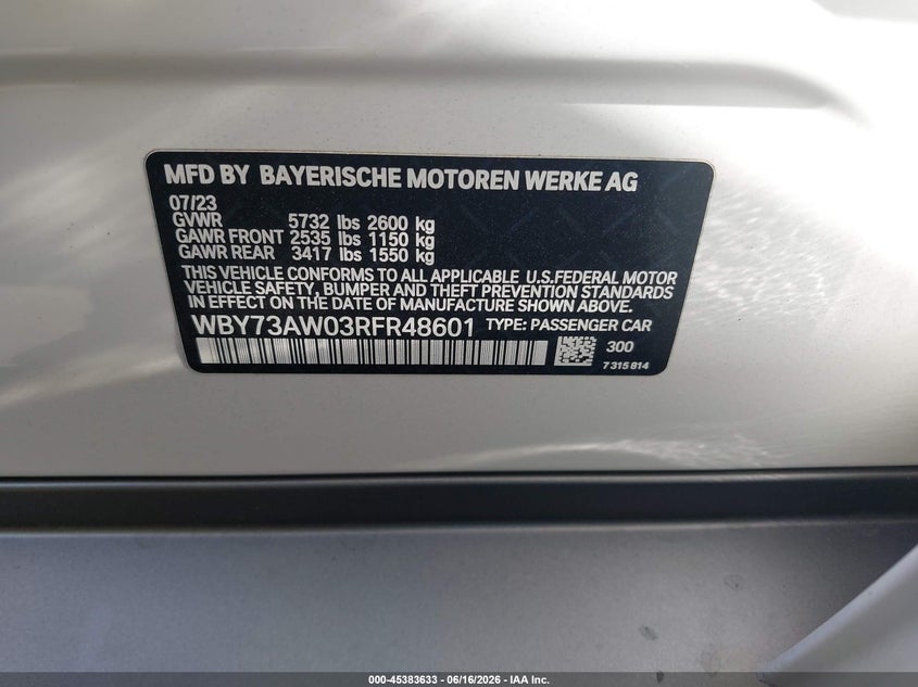 2024 BMW I4 VIN WBY73AW03RFR48601 IAAI salvage auction — SIDE, Salvage Title, sold $10,200 on 2026-07-24 (photo 9)