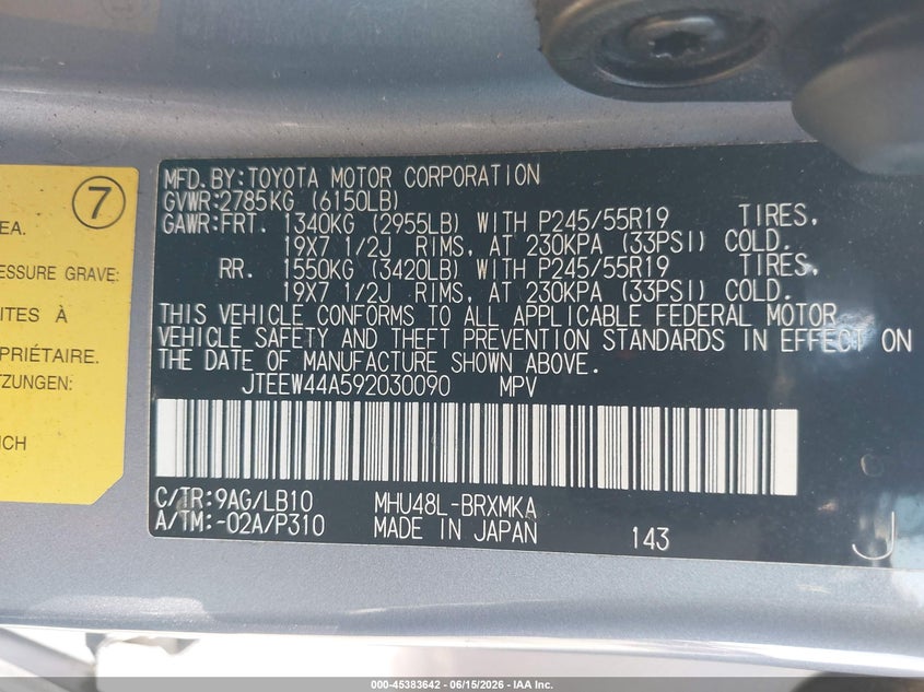 2009 Toyota Highlander hybrid VIN JTEEW44A592030090 IAAI salvage auction — FRONT END, Salvage (California), sold $975 on 2026-07-15 (photo 9)