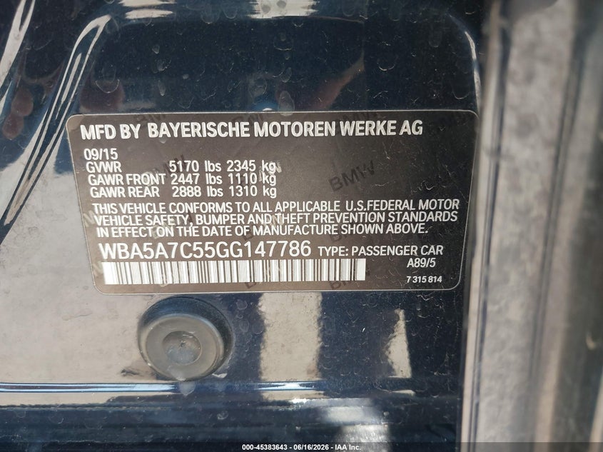 2016 BMW 5er VIN WBA5A7C55GG147786 IAAI salvage auction — WATER/FLOOD, Salvage (Texas), sold $2,975 on 2026-07-09 (photo 9)