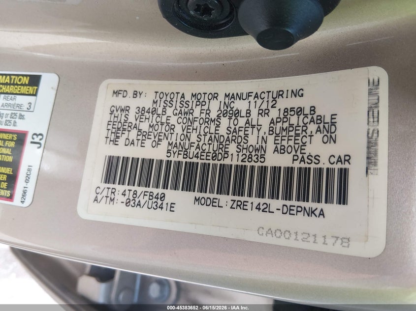 2013 Toyota Corolla VIN 5YFBU4EE0DP112835 IAAI salvage auction — FRONT END, Clear (Indiana), sold $1,500 on 2026-07-29 (photo 9)