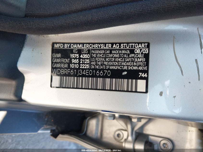 2004 Mercedes-benz C class VIN WDBRF61J34E016670 IAAI salvage auction — LEFT FRONT, Salvage (California), sold $300 on 2026-07-23 (photo 9)