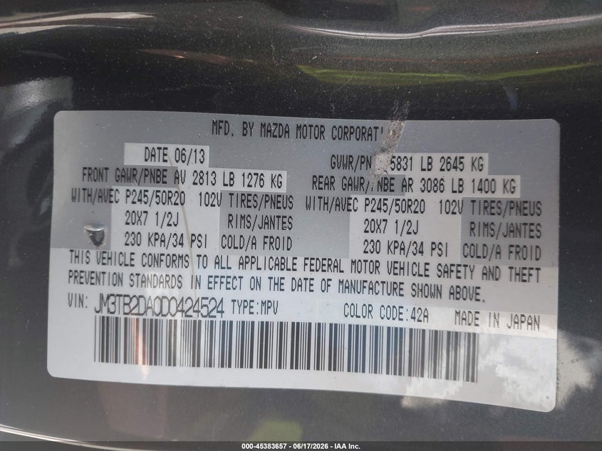 2013 Mazda Cx-9 VIN JM3TB2DA0D0424524 IAAI salvage auction — FRONT END, Salvage (North Carolina), sold $675 on 2026-08-23 (photo 9)