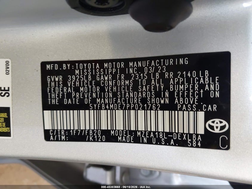 2023 Toyota Corolla VIN 5YFB4MDE7PP021762 IAAI salvage auction — FRONT & REAR, Salvage (Michigan), sold $2,450 on 2026-08-01 (photo 9)