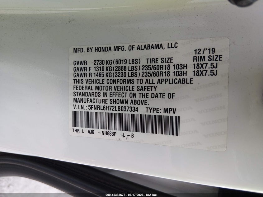 2020 Honda Odyssey VIN 5FNRL6H72LB037334 IAAI salvage auction — FRONT END, Salvage (Tennessee), sold $4,500 on 2026-07-17 (photo 9)