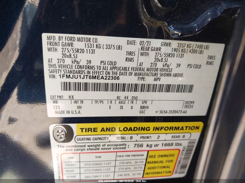 2021 Ford Expedition VIN 1FMJU1JT6MEA22306 IAAI salvage auction — FRONT END, Salvage (Ohio), sold $4,650 on 2026-07-10 (photo 9)