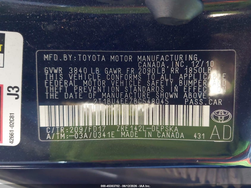 2011 Toyota Corolla VIN 2T1BU4EE7BC548045 IAAI salvage auction — FRONT & REAR, Clear - Dealer Only (California), sold $800 on 2026-07-09 (photo 9)