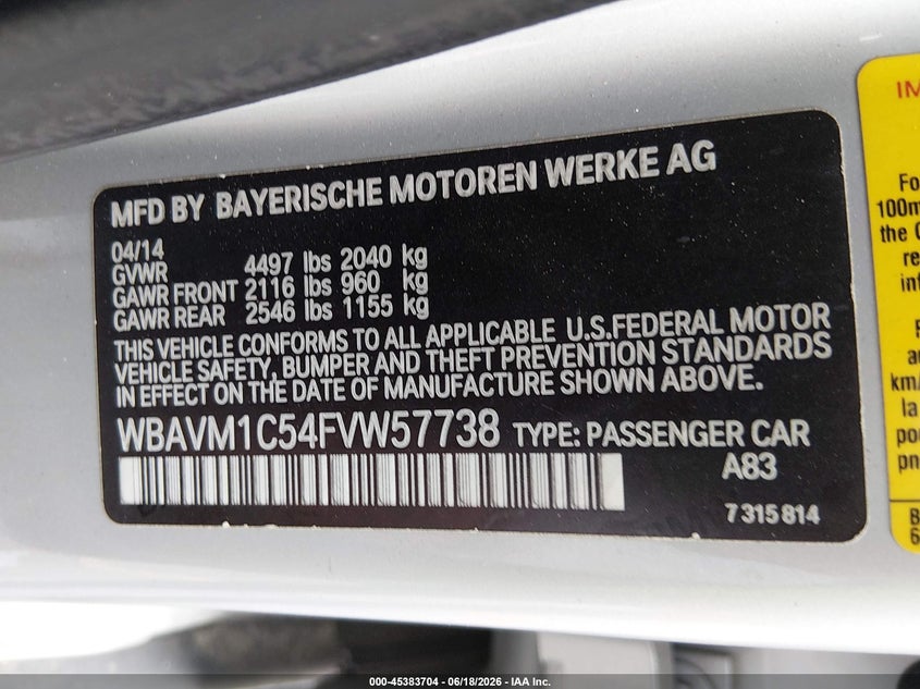 2015 BMW X1 VIN WBAVM1C54FVW57738 IAAI salvage auction — FRONT END, Salvage (South Carolina), sold $950 on 2026-07-15 (photo 9)
