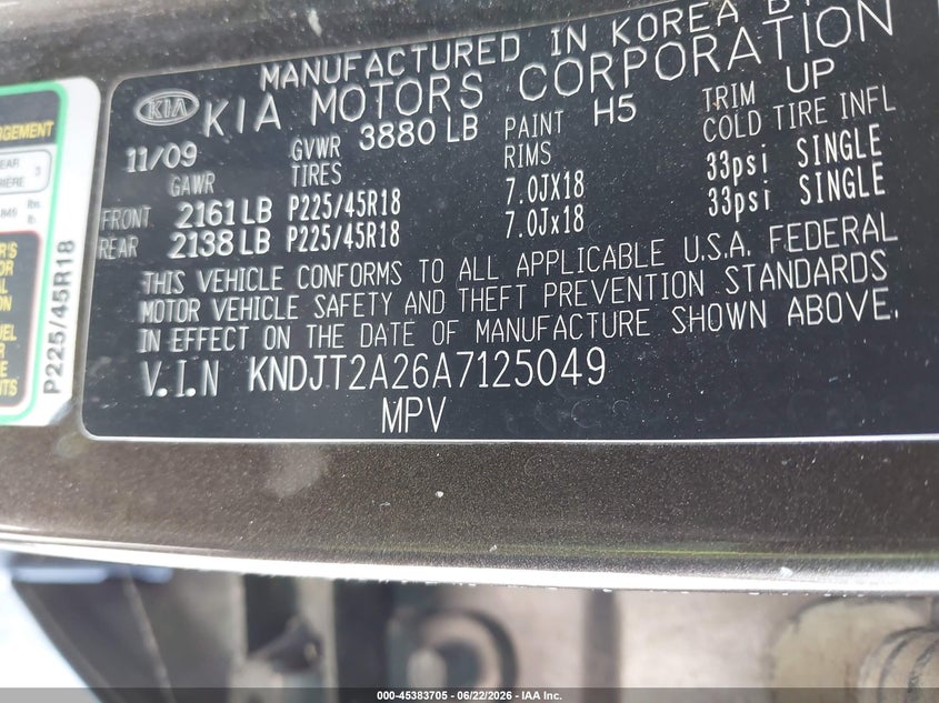 2010 Kia Soul VIN KNDJT2A26A7125049 IAAI salvage auction — NORMAL WEAR, Clear (New Mexico), sold $350 on 2026-07-29 (photo 9)