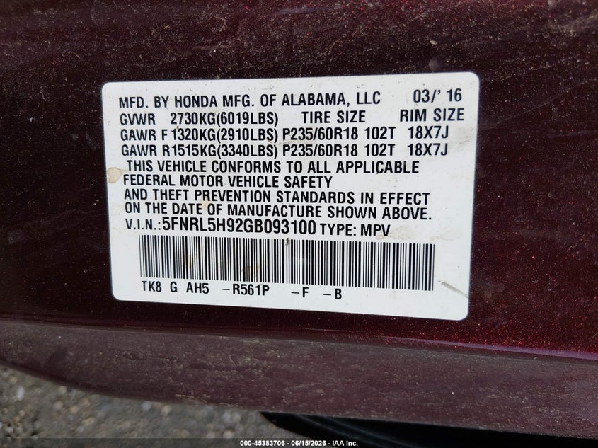2016 Honda Odyssey VIN 5FNRL5H92GB093100 IAAI salvage auction — NORMAL WEAR, Clear (Delaware), sold $4,500 on 2026-07-06 (photo 9)