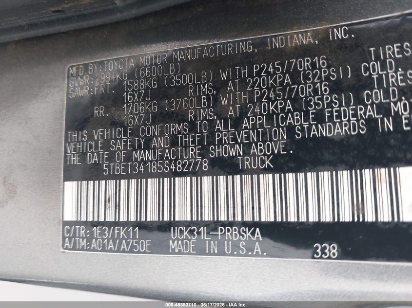 2005 Toyota Tundra VIN 5TBET34185S482778 IAAI salvage auction — LEFT FRONT, Rebuildable (Florida), sold $1,900 on 2026-07-15 (photo 9)