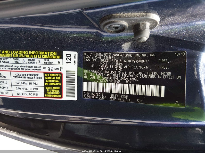 2020 Toyota Sienna VIN 5TDYZ3DC5LS052689 IAAI salvage auction — REAR END, Salvage (Illinois), sold $6,500 on 2026-07-28 (photo 9)