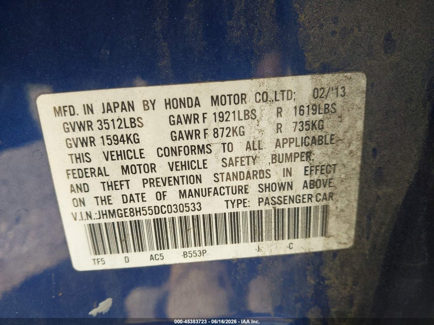2013 Honda Fit VIN JHMGE8H55DC030533 IAAI salvage auction — FRONT END, Salvage Title, sold $1,000 on 2026-08-01 (photo 9)