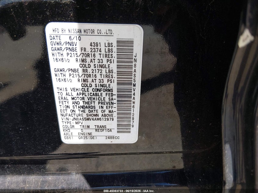 2010 Nissan Rogue sport VIN JN8AS5MV4AW612979 IAAI salvage auction — REAR END, Salvage (Connecticut), sold $450 on 2026-07-09 (photo 9)