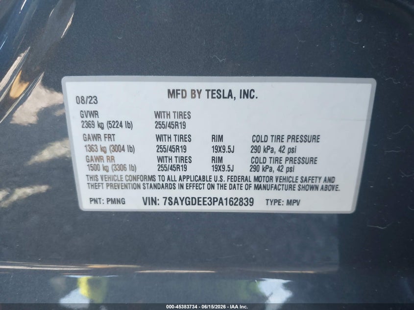 2023 Tesla Model y VIN 7SAYGDEE3PA162839 IAAI salvage auction — NORMAL WEAR, Clear (Georgia), sold $11,300 on 2026-07-16 (photo 9)