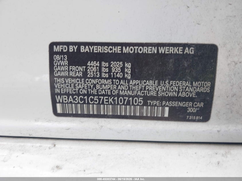 2014 BMW 3er VIN WBA3C1C57EK107105 IAAI salvage auction — LEFT REAR, Rebuildable (Florida), sold $950 on 2026-07-16 (photo 9)