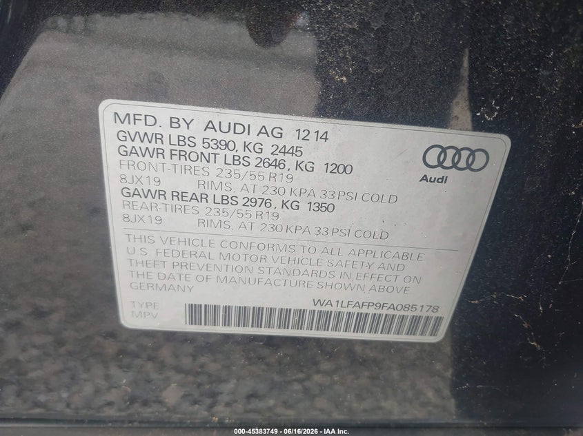 2015 Audi Q5 VIN WA1LFAFP9FA085178 IAAI salvage auction — NORMAL WEAR, Clear (Georgia), sold $3,075 on 2026-07-24 (photo 9)