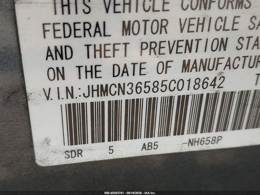 2005 Honda Accord VIN JHMCN36585C018642 IAAI salvage auction — FRONT END, Clear (Virginia), sold $25 on 2026-07-30 (photo 9)