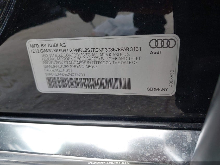 2013 Audi A8 VIN WAUR2AFD9DN019217 IAAI salvage auction — FRONT END, Salvage (Illinois), sold $1,300 on 2026-09-10 (photo 9)