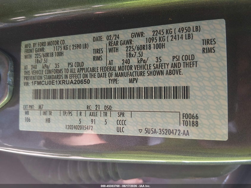2024 Ford Escape VIN 1FMCU0E1XRUA20650 IAAI salvage auction — REAR END, Salvage Title, sold $12,300 on 2026-07-30 (photo 9)