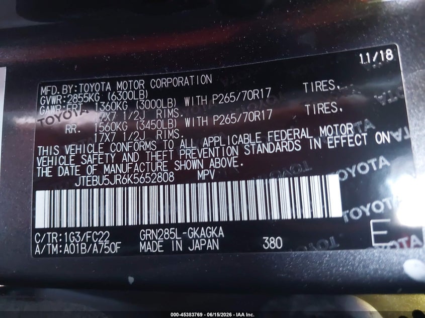 2019 Toyota 4runner VIN JTEBU5JR6K5652808 IAAI salvage auction — FRONT END, Salvage Title, sold $4,100 on 2026-07-30 (photo 9)