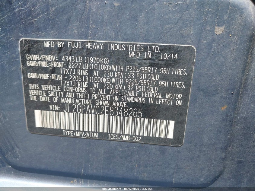 2014 Subaru Xv crosstrek VIN JF2GPAVC2E8348265 IAAI salvage auction — NORMAL WEAR, Certificate Of Title (Nebraska), sold $500 on 2026-07-15 (photo 9)