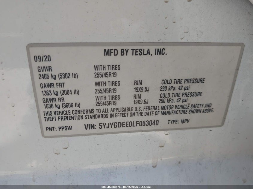 2020 Tesla Model y VIN 5YJYGDEE0LF053040 IAAI salvage auction — REAR END, Salvage (California), sold $7,500 on 2026-07-16 (photo 9)