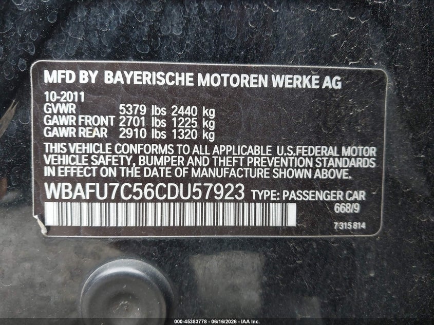 2012 BMW 5er VIN WBAFU7C56CDU57923 IAAI salvage auction — HAIL, Junk Bill Of Sale Mv2459 (Wisconsin), sold $650 on 2026-07-23 (photo 9)