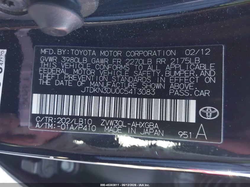2012 Toyota Prius VIN JTDKN3DU0C5413083 IAAI salvage auction — NORMAL WEAR, Clear - Dealer Only (California), sold $2,525 on 2026-07-15 (photo 9)