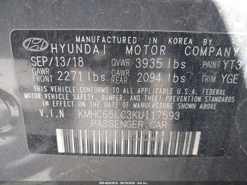 2019 Hyundai Ioniq VIN KMHC65LC3KU117593 IAAI salvage auction — FRONT & REAR, Mv-907A (New York), sold $2,050 on 2026-07-07 (photo 9)