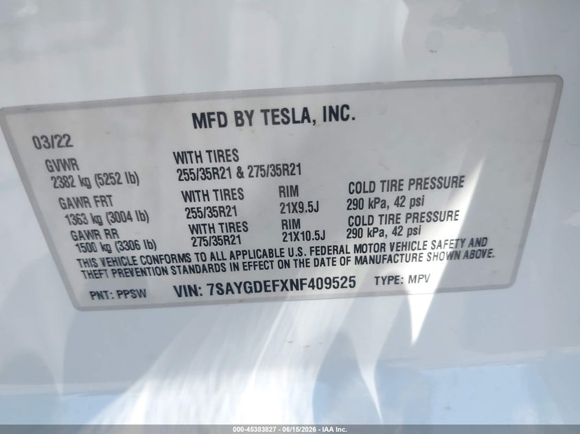 2022 Tesla Model y VIN 7SAYGDEFXNF409525 IAAI salvage auction — RIGHT SIDE, Salvage (Arizona), sold $10,400 on 2026-07-28 (photo 9)