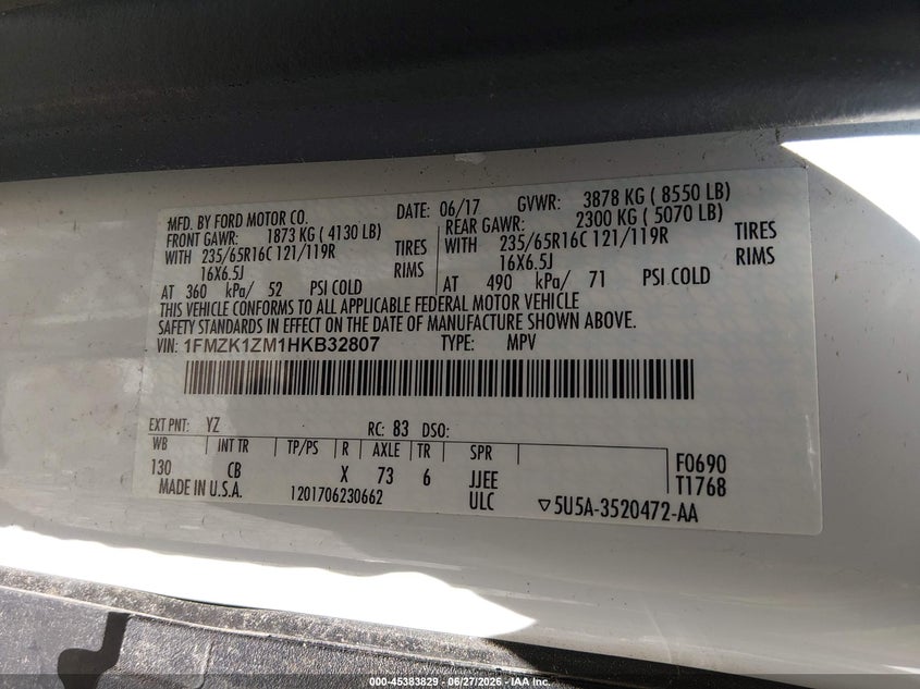 2017 Ford Transit 150 VIN 1FMZK1ZM1HKB32807 IAAI salvage auction — NORMAL WEAR, Sf97 (Washington), sold $10,100 on 2026-07-29 (photo 9)