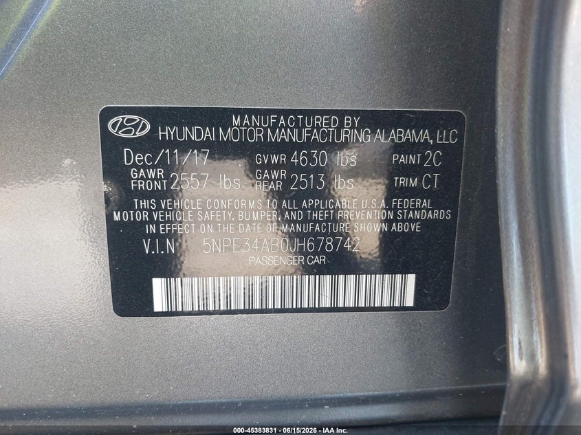 2018 Hyundai Sonata VIN 5NPE34AB0JH678742 IAAI salvage auction — FRONT END, Salvage (Georgia), sold $1,800 on 2026-07-23 (photo 9)