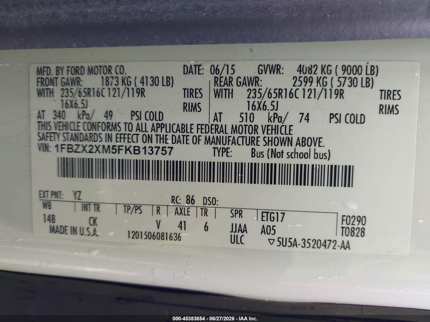 2015 Ford Transit-350 VIN 1FBZX2XM5FKB13757 IAAI salvage auction — NORMAL WEAR, Sf97 (Washington), sold $12,100 on 2026-07-29 (photo 9)