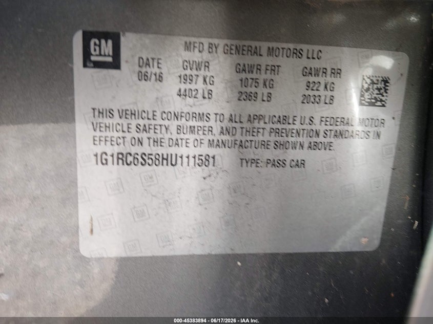 2017 Chevrolet Volt VIN 1G1RC6S58HU111581 IAAI salvage auction — NORMAL WEAR, Clear (Arkansas), sold $2,800 on 2026-07-09 (photo 9)