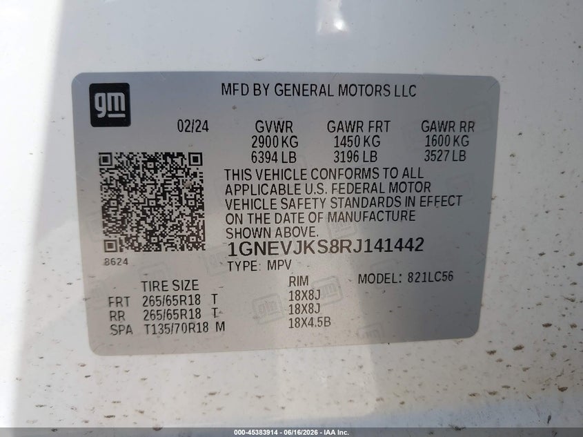 2024 Chevrolet Traverse VIN 1GNEVJKS8RJ141442 IAAI salvage auction — FRONT END, Salvage (Pennsylvania), sold $12,900 on 2026-07-10 (photo 9)