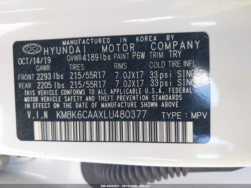 2020 Hyundai Kona VIN KM8K6CAAXLU480377 IAAI salvage auction — FRONT & REAR, Mv-907A (New York), sold $2,550 on 2026-07-14 (photo 9)