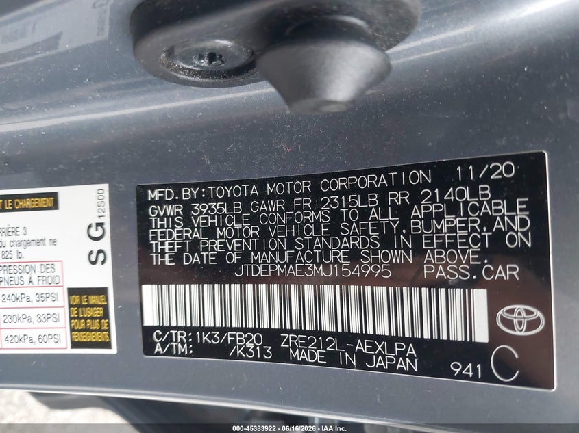 2021 Toyota Corolla VIN JTDEPMAE3MJ154995 IAAI salvage auction — FRONT END, Salvage (Indiana), sold $2,800 on 2026-07-15 (photo 9)