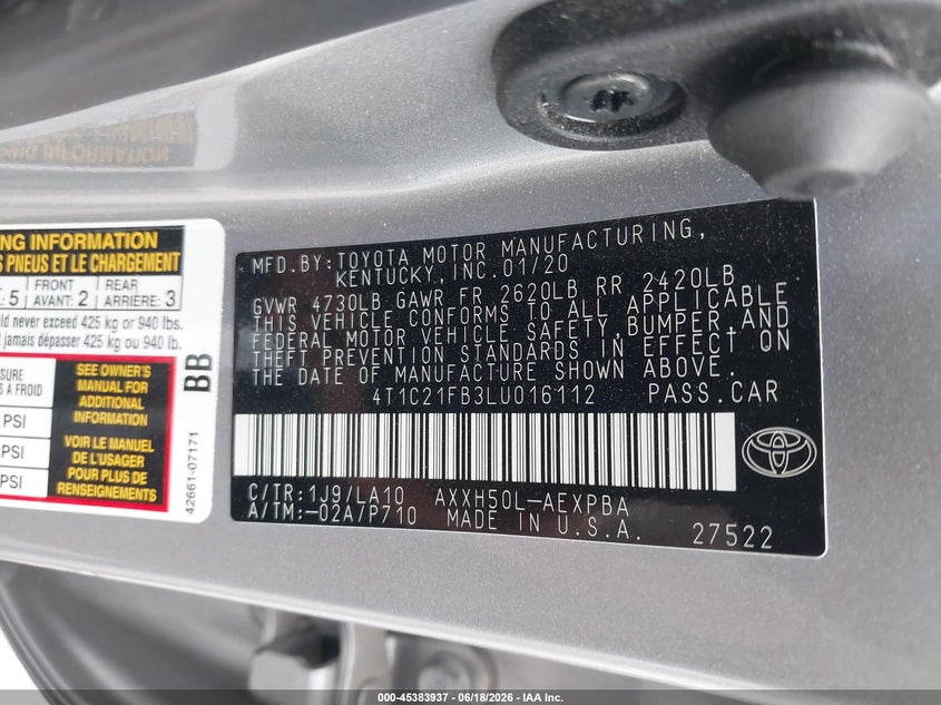 2020 Toyota Avalon VIN 4T1C21FB3LU016112 IAAI salvage auction — RIGHT REAR, Salvage (Oklahoma), sold $14,100 on 2026-07-14 (photo 9)