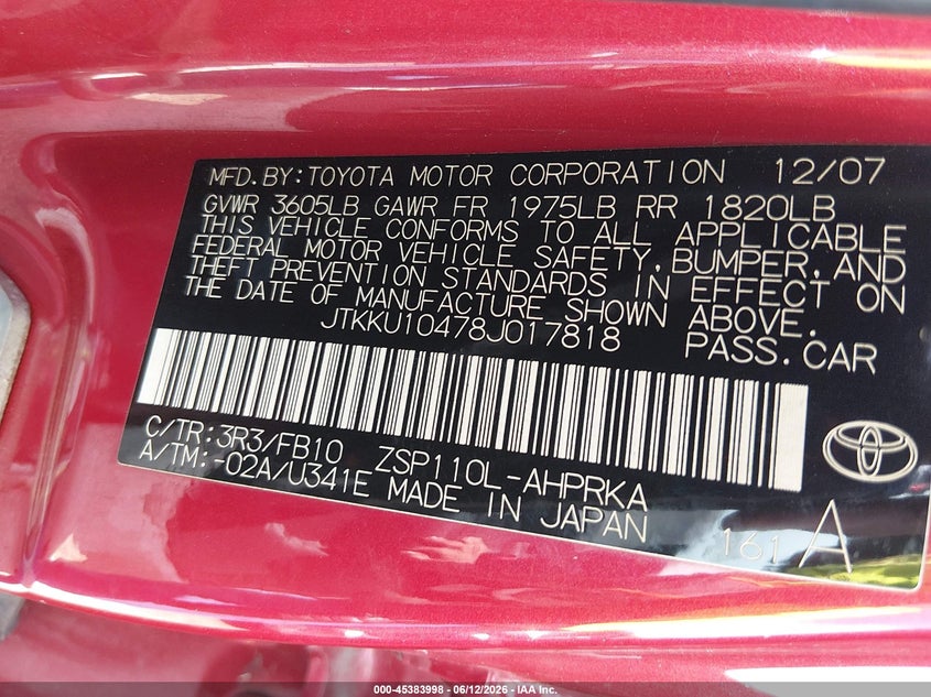 2008 Scion Xd VIN JTKKU10478J017818 IAAI salvage auction — NORMAL WEAR, Original (Texas), sold $975 on 2026-07-20 (photo 9)