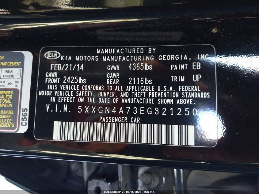 2014 Kia Optima VIN 5XXGN4A73EG321250 IAAI salvage auction — FRONT END, Salvage (California), sold $1,950 on 2026-07-16 (photo 9)