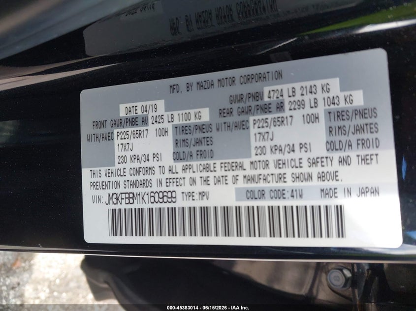 2019 Mazda Cx-5 VIN JM3KFBBM1K1609699 IAAI salvage auction — FRONT END, Rebuildable (Florida), sold $3,900 on 2026-07-06 (photo 9)