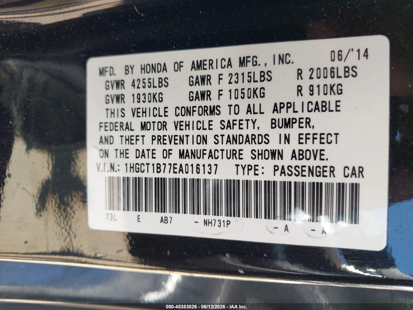 2014 Honda Accord VIN 1HGCT1B77EA016137 IAAI salvage auction — RIGHT FRONT, Salvage (Arizona), sold $1,575 on 2026-07-09 (photo 9)