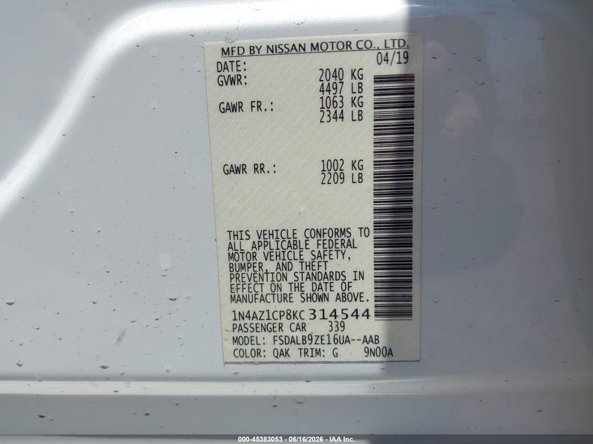 2019 Nissan Leaf VIN 1N4AZ1CP8KC314544 IAAI salvage auction — NORMAL WEAR, SF97 (California), sold $11,800 on 2026-07-28 (photo 9)