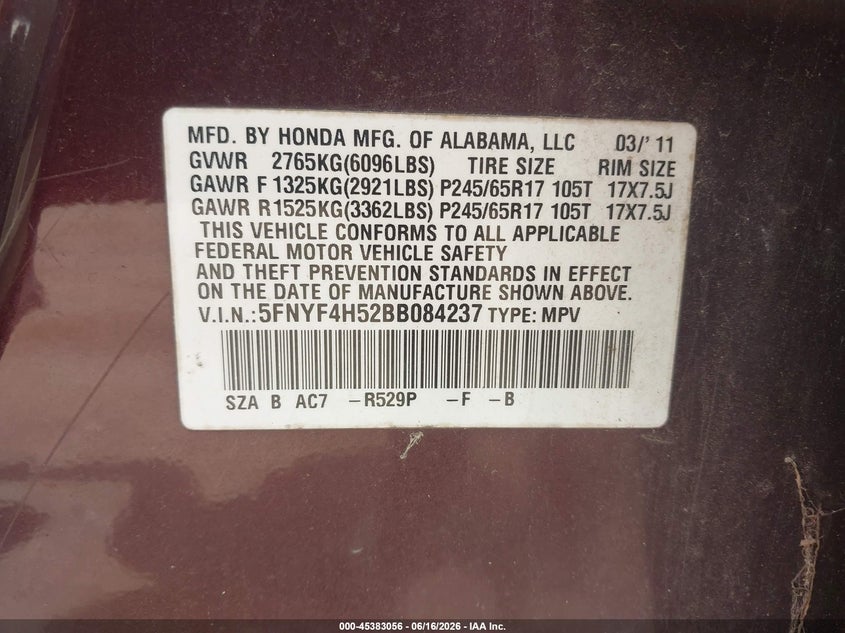 2011 Honda Pilot VIN 5FNYF4H52BB084237 IAAI salvage auction — NORMAL WEAR, Clear (Tennessee), sold $575 on 2026-07-09 (photo 9)