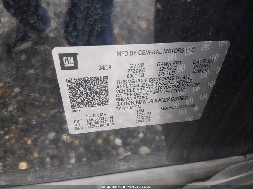 2019 Gmc Acadia VIN 1GKKNRLAXKZ263098 IAAI salvage auction — NORMAL WEAR, Sf97 (Maryland), sold $9,050 on 2026-08-18 (photo 9)