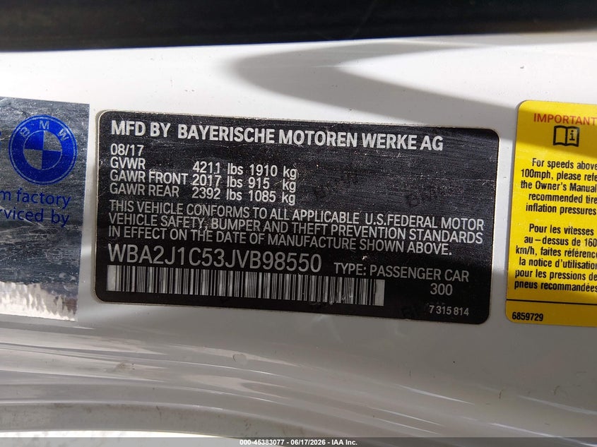 2018 BMW 2er VIN WBA2J1C53JVB98550 IAAI salvage auction — FRONT END, Salvage Title, sold $1,300 on 2026-08-19 (photo 9)