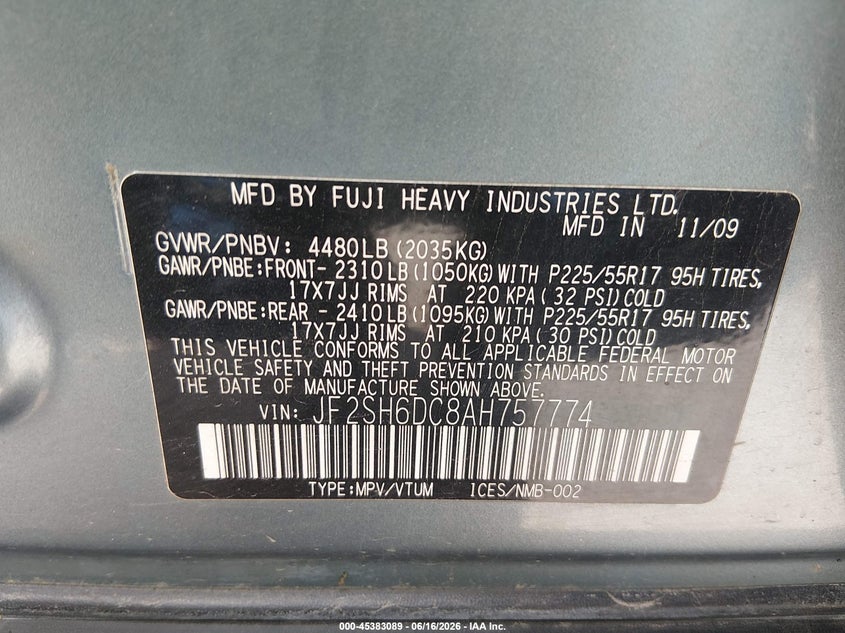 2010 Subaru Forester VIN JF2SH6DC8AH757774 IAAI salvage auction — REAR END, Salvage (West Virginia), sold $25 on 2026-07-30 (photo 9)