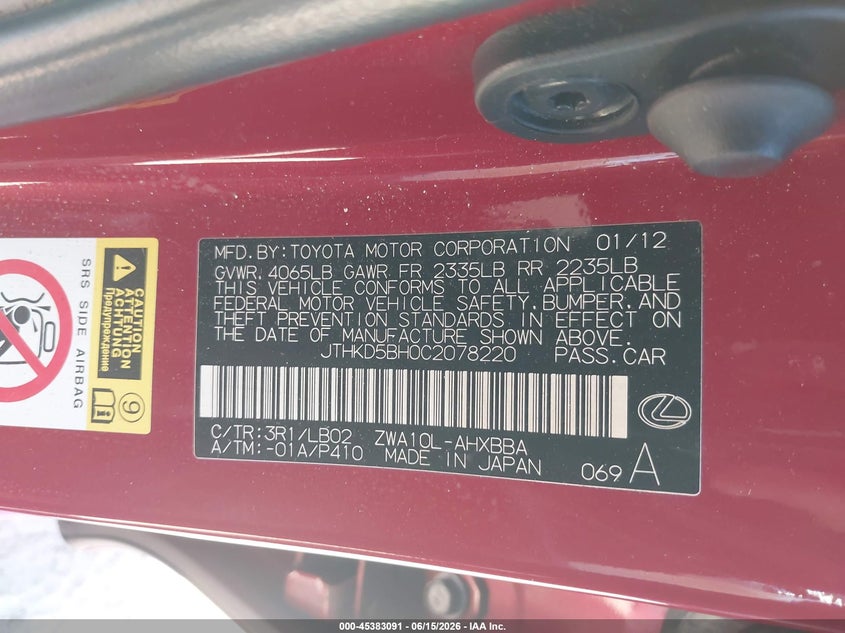 2012 Lexus Ct VIN JTHKD5BH0C2078220 IAAI salvage auction — RIGHT FRONT, Salvage (California), sold $1,950 on 2026-07-15 (photo 9)