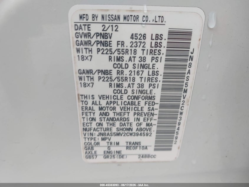 2012 Nissan Rogue VIN JN8AS5MV2CW394592 IAAI salvage auction — NORMAL WEAR, Clear-Dealer Only (North Carolina), sold $425 on 2026-07-14 (photo 9)