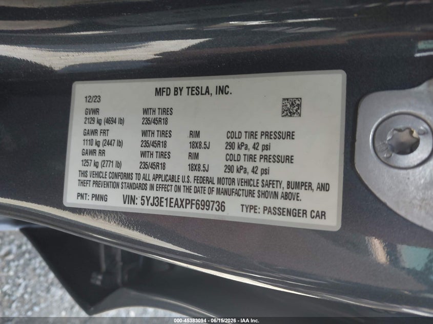 2023 Tesla Model 3 VIN 5YJ3E1EAXPF699736 IAAI salvage auction — REAR END, Salvage Title, sold $7,300 on 2026-08-01 (photo 9)